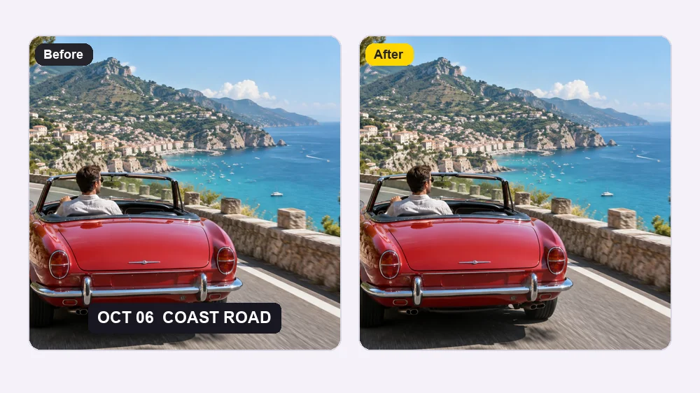 Travel clip of a red car on a coastal road with the date and location text removed