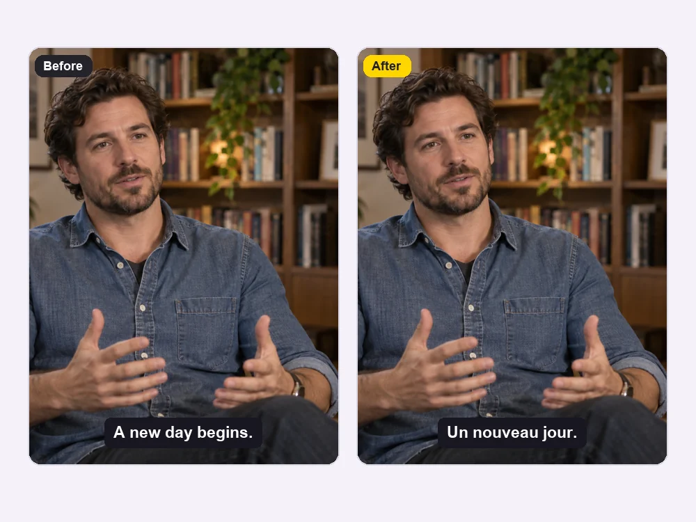 Interview frame with original English subtitles and a cleaned version carrying a French line
