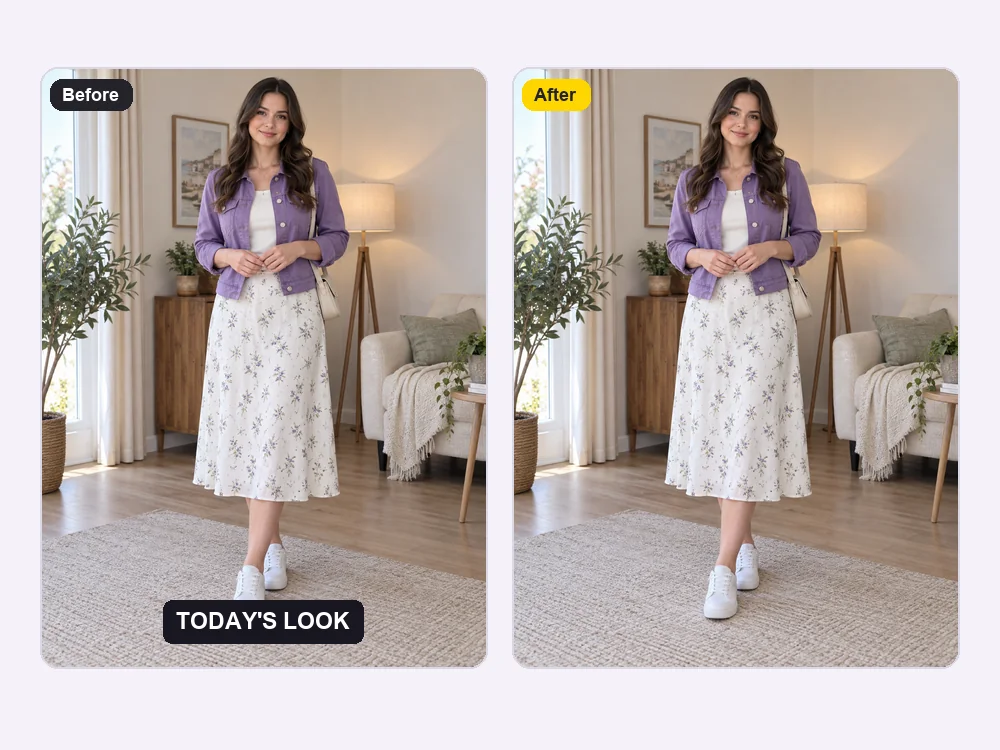 Vertical fashion clip with a caption on the left and the same clip without it on the right