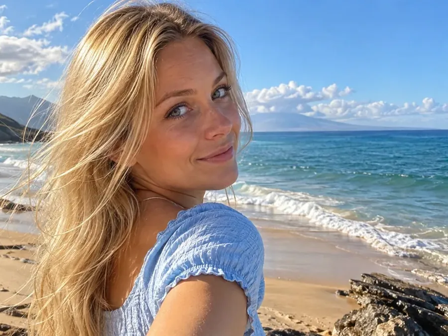 Drag to compare the beach selfie with an orange date stamp and without it (after)