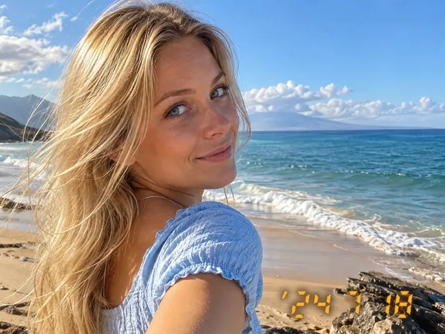 Drag to compare the beach selfie with an orange date stamp and without it (before)