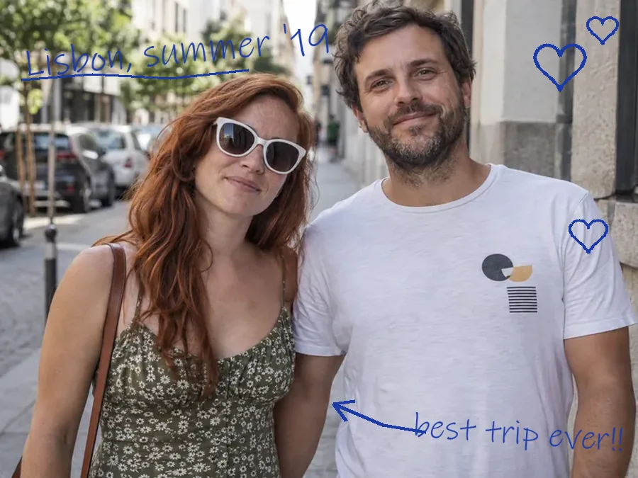 Drag to compare the couple photo with handwritten notes and doodles and the clean photo (before)