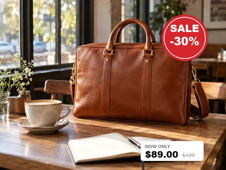 Drag to compare the leather bag photo with a sale sticker and price label and the clean product photo (before)