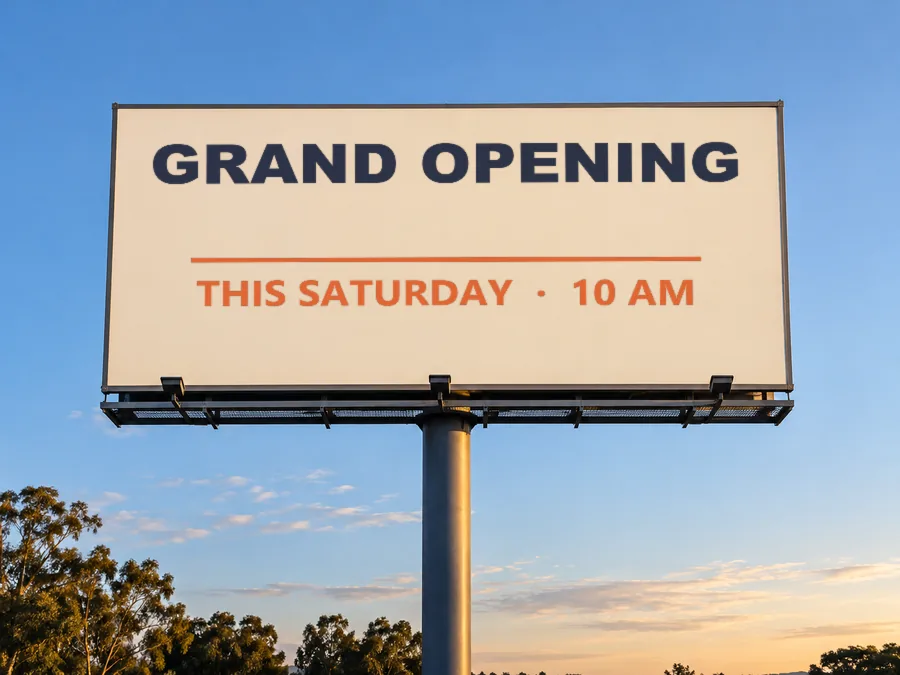 Drag to compare the billboard with Grand Opening lettering and the same billboard left blank (before)