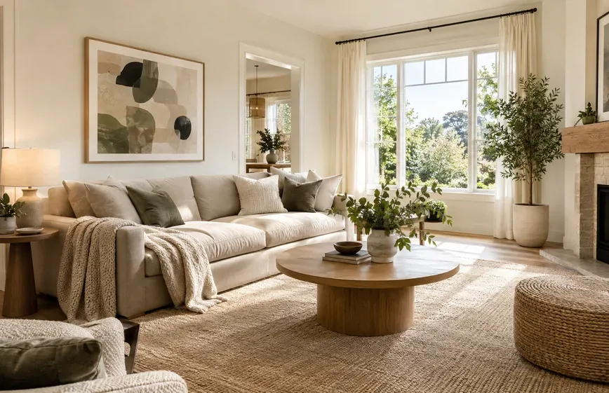 Drag to compare the living room listing photo with an Open House overlay and the clean photo (after)