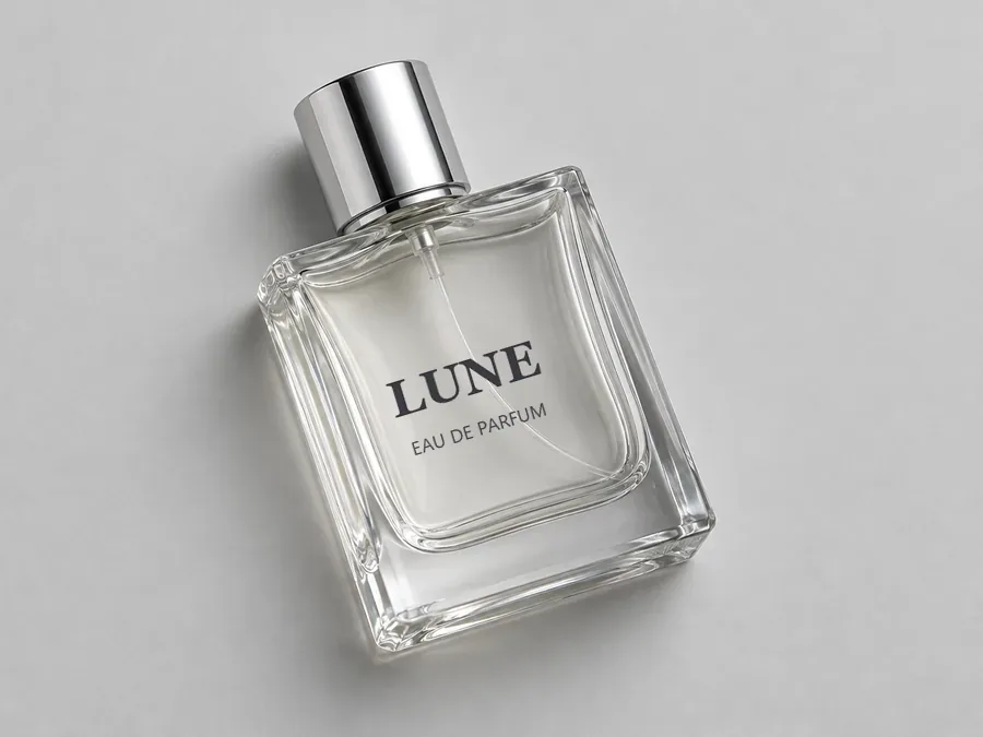 Drag to compare the perfume bottle with a sale ribbon and gift badge and the clean photo that keeps the printed label (after)