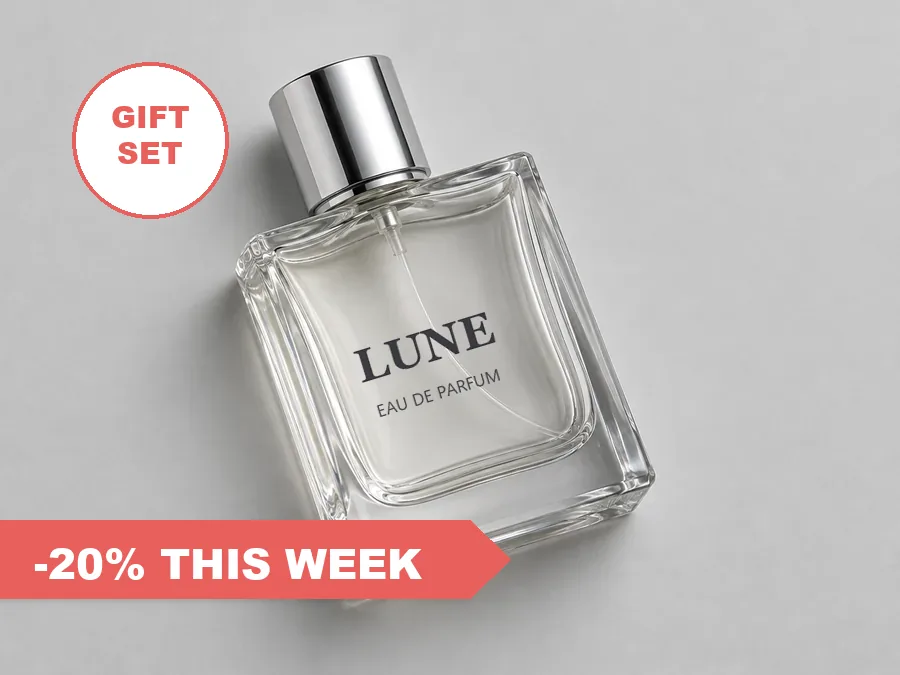 Drag to compare the perfume bottle with a sale ribbon and gift badge and the clean photo that keeps the printed label (before)