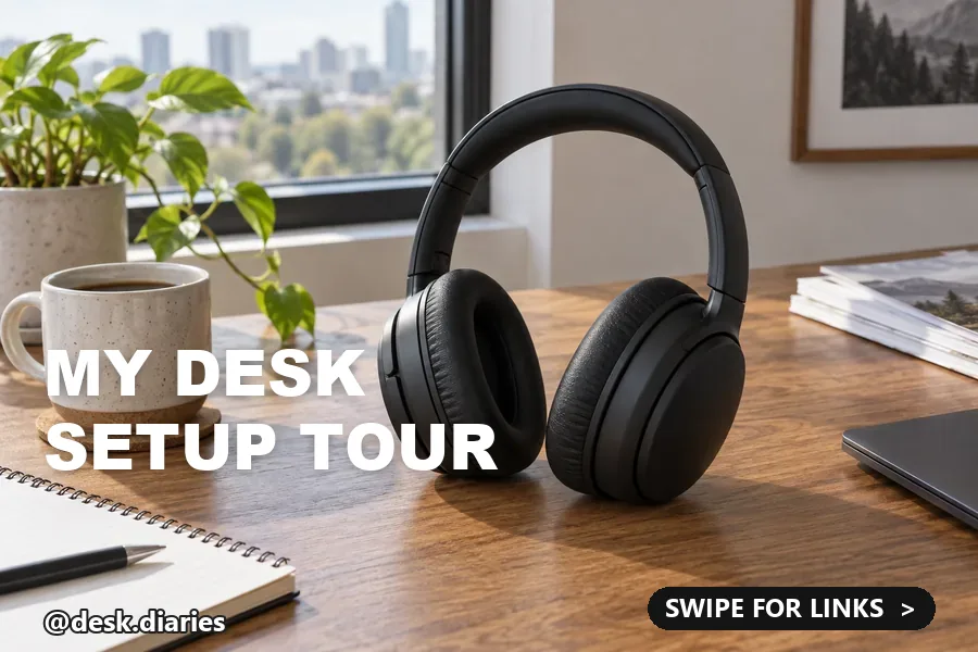 Drag to compare the desk photo with a social post title, handle and swipe button and the clean desk photo (before)