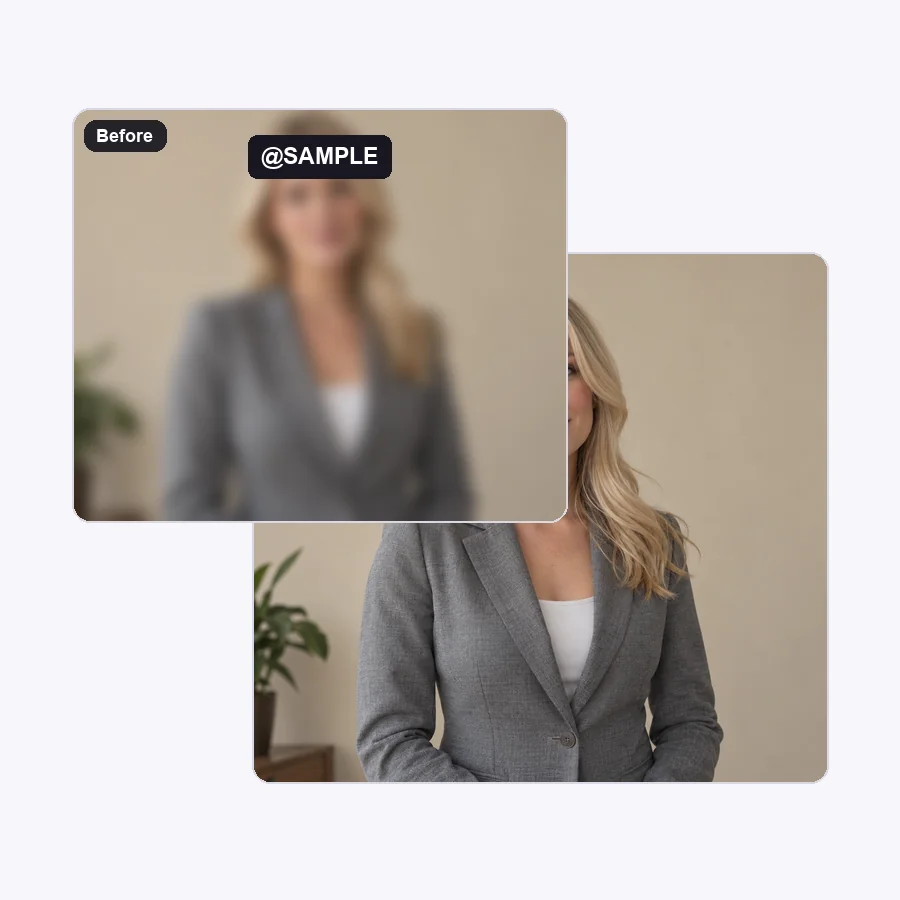 Portrait video frame with large watermark text above and the same frame without the text below