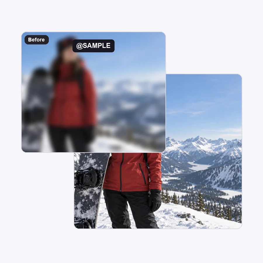 Snowboarder in a red jacket with watermark text over the mountains, then the clean frame