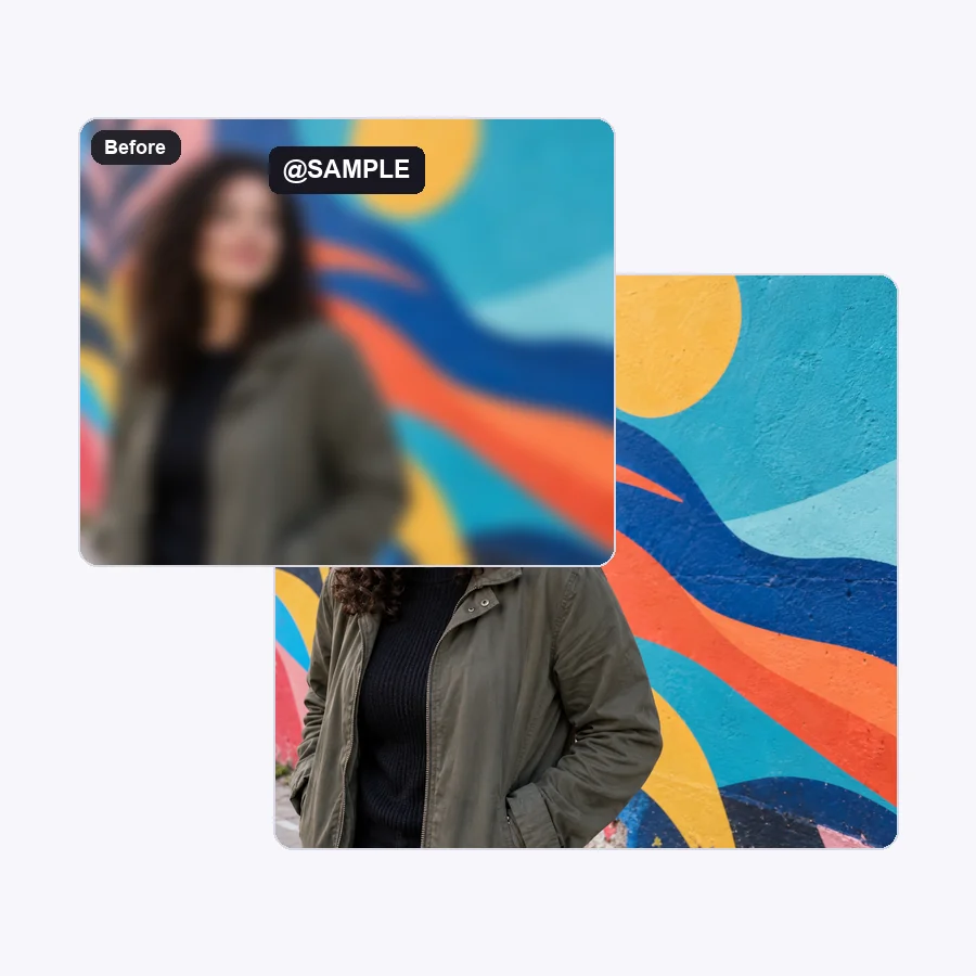 Street-art portrait video frame shown with and without large overlay text