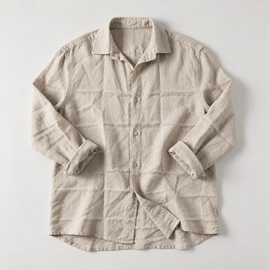 Drag to compare the wrinkled linen shirt and the smoothed shirt (before)