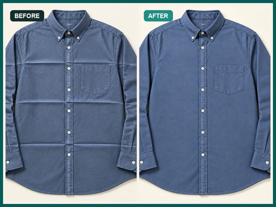Blue button-down shirt flat lay with package fold lines, then smooth after AI wrinkle removal