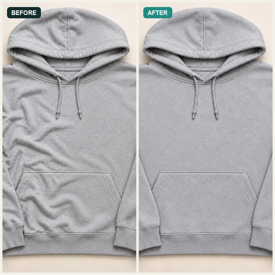 Gray cotton hoodie flat lay, wrinkled on the left and smooth on the right