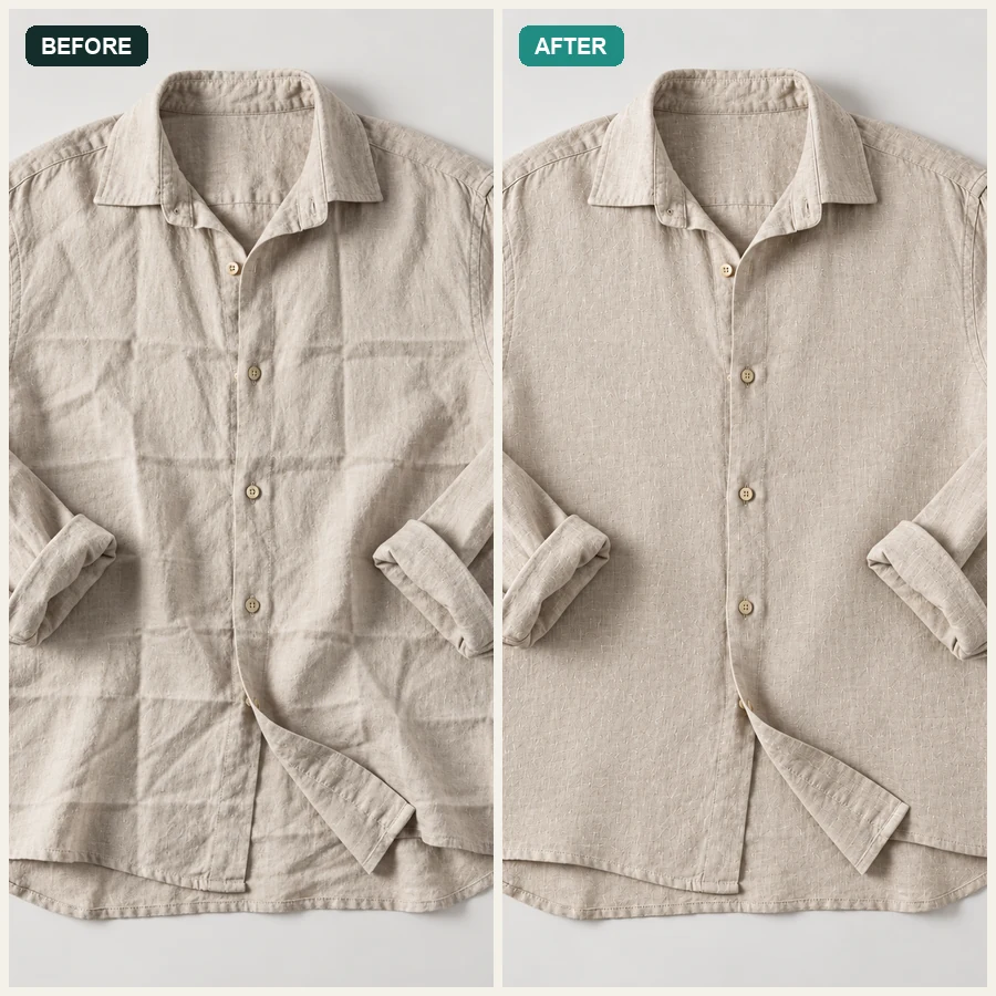 Linen shirt flat lay with package folds on the left and pressed fabric on the right