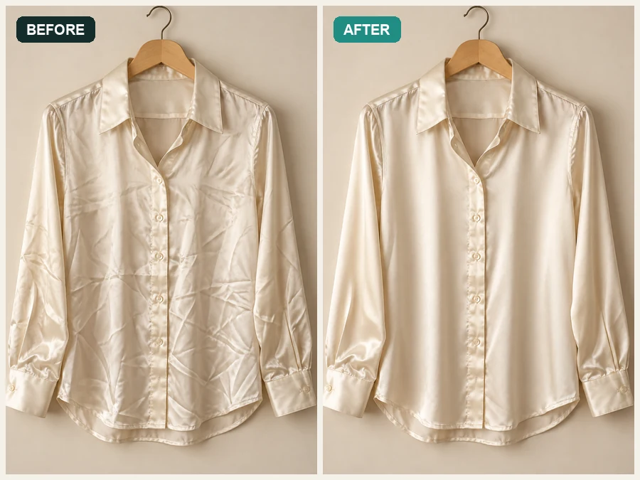 Champagne silk blouse with wrinkles on the left and smooth fabric on the right