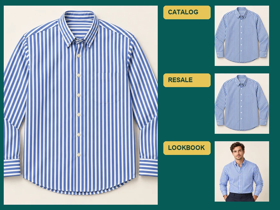 One smoothed striped shirt photo reused for a catalog, a resale listing, and a lookbook