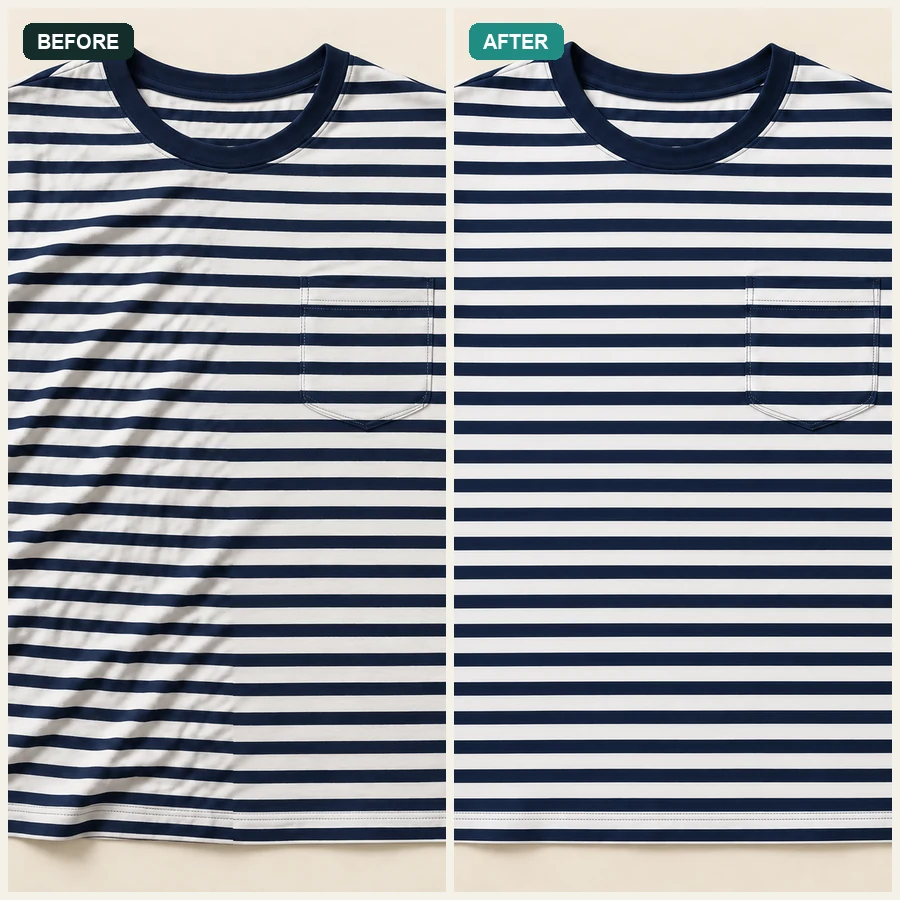 Striped T-shirt with wrinkles on the left and straight, aligned stripes on the right