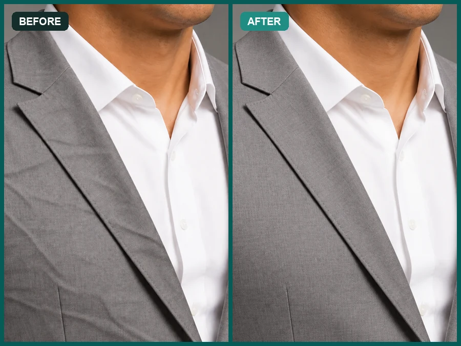 Gray suit lapel with creases on one side and smoothed fabric on the other