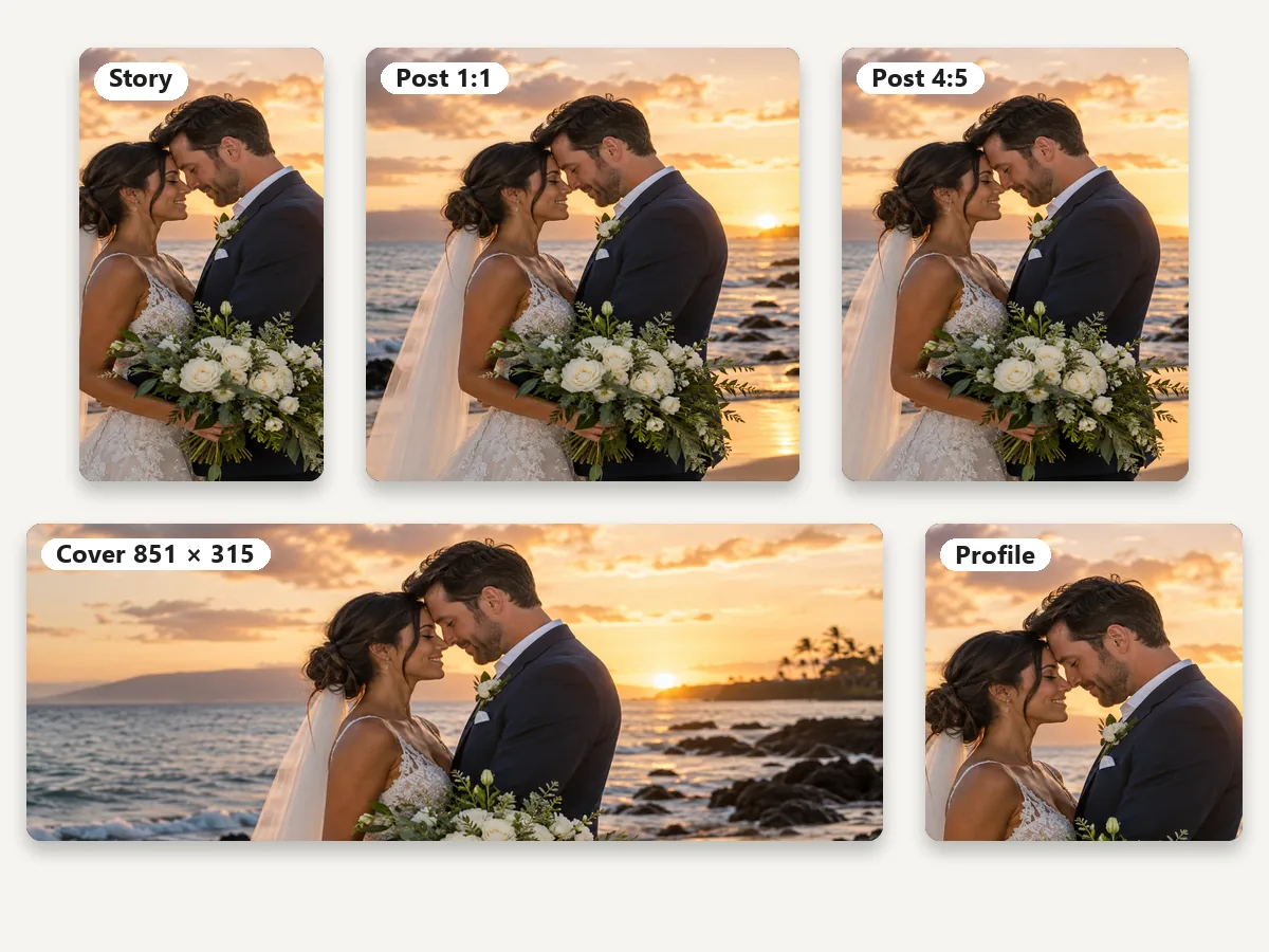 One wedding photo resized to a Facebook story, square post, portrait post, cover photo and profile picture
