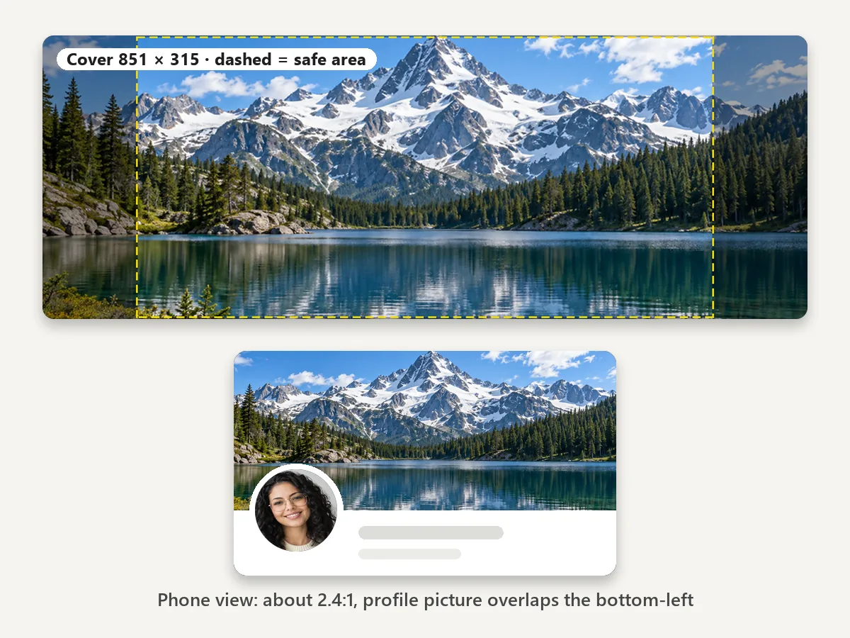 Facebook cover with the dashed safe area, and the phone view with the profile picture overlapping the lower left