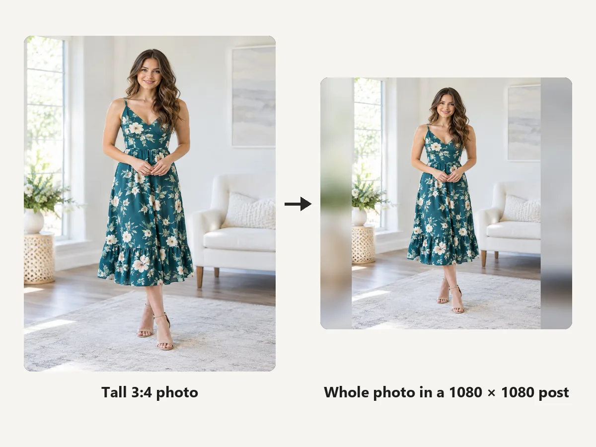Tall full-length photo fitted whole into a square Facebook post with blurred sides
