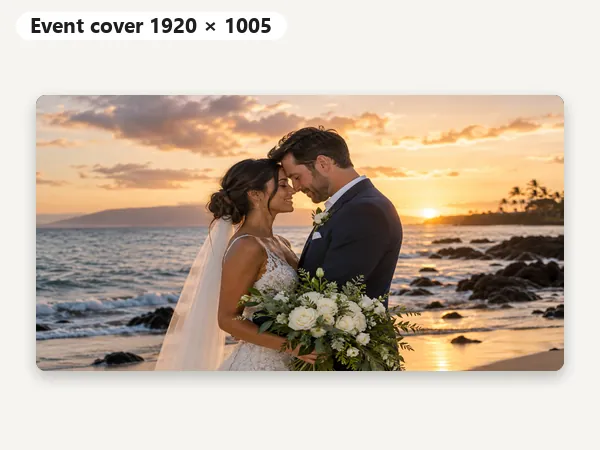 Beach wedding photo resized to a 1920x1005 Facebook event cover