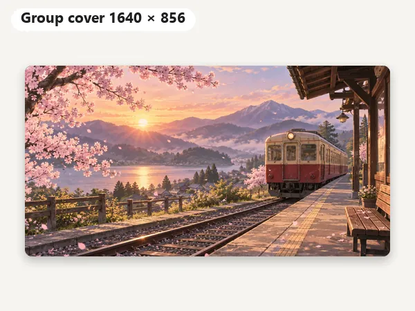 Illustrated train station scene resized to a 1640x856 Facebook group cover
