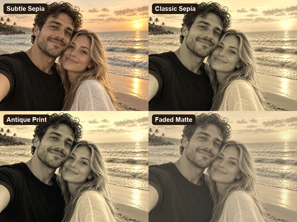 The same couple photo with Subtle Sepia, Classic Sepia, Antique Print, and Faded Matte filters