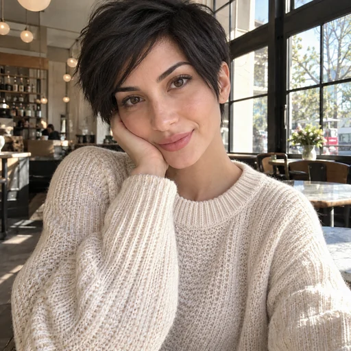 Drag to compare long straight hair with the same woman wearing a short pixie cut (after)