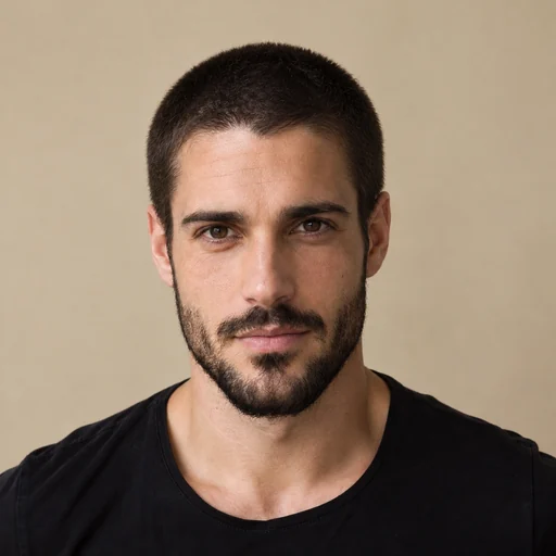 Drag to compare a man bun with the same man wearing a buzz cut (after)