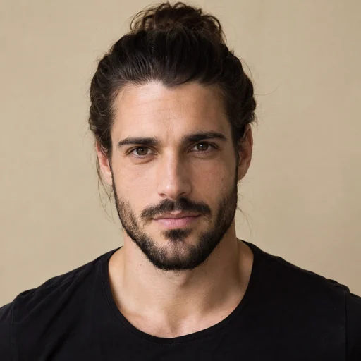 Drag to compare a man bun with the same man wearing a buzz cut (before)