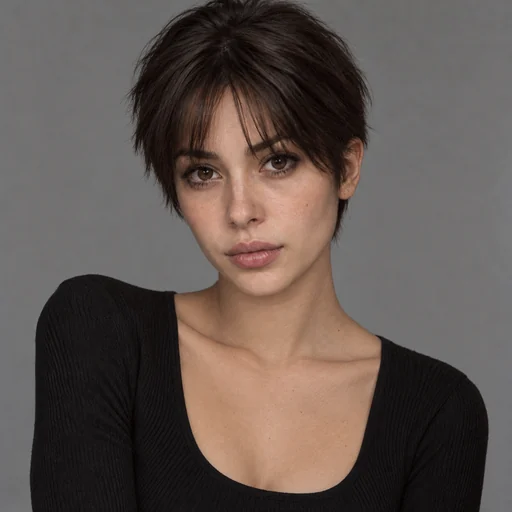 Drag to compare a wolf cut with the same woman wearing a pixie cut (after)