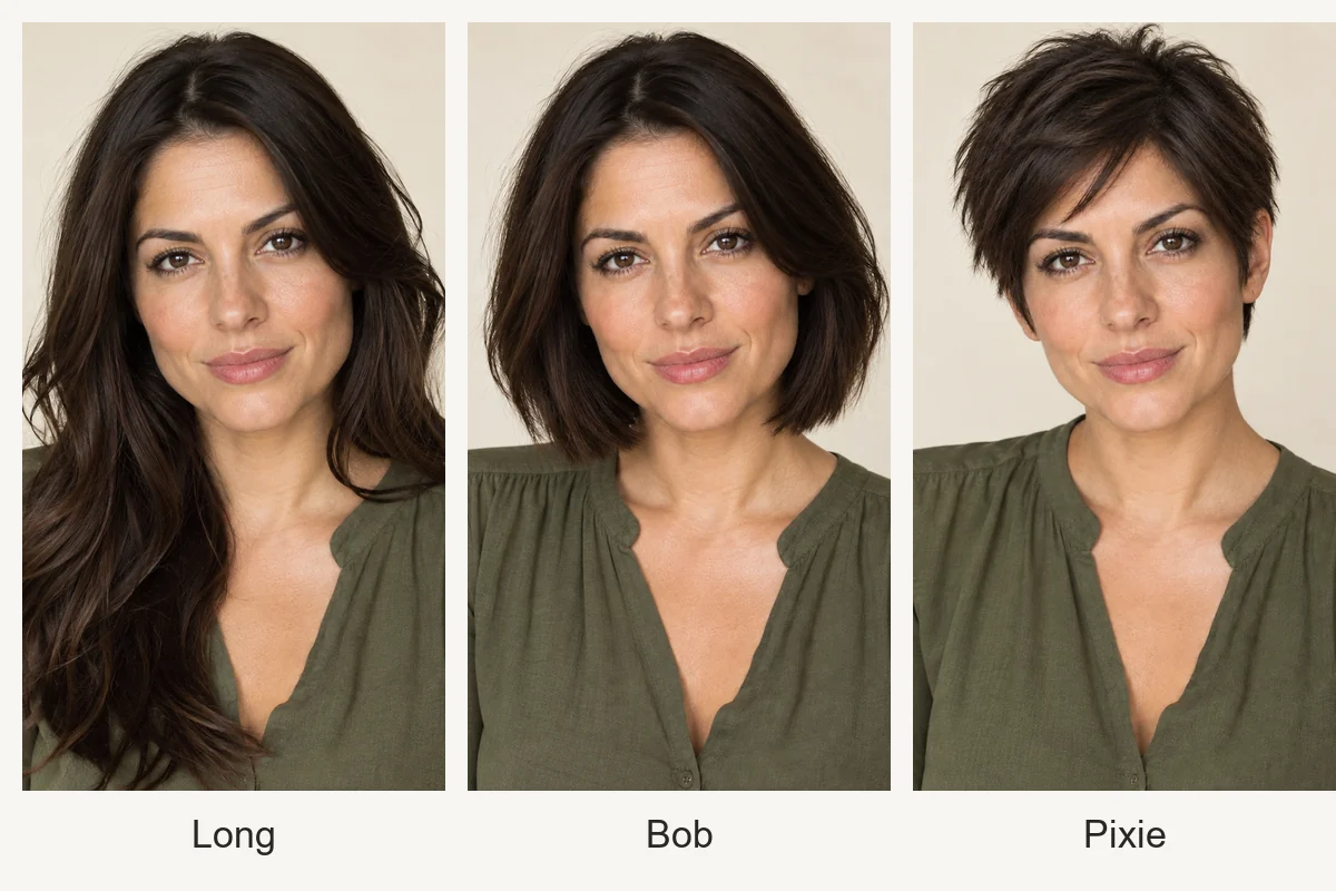 The same woman shown with long hair, then with a chin-length bob and a pixie cut made by the short hair filter