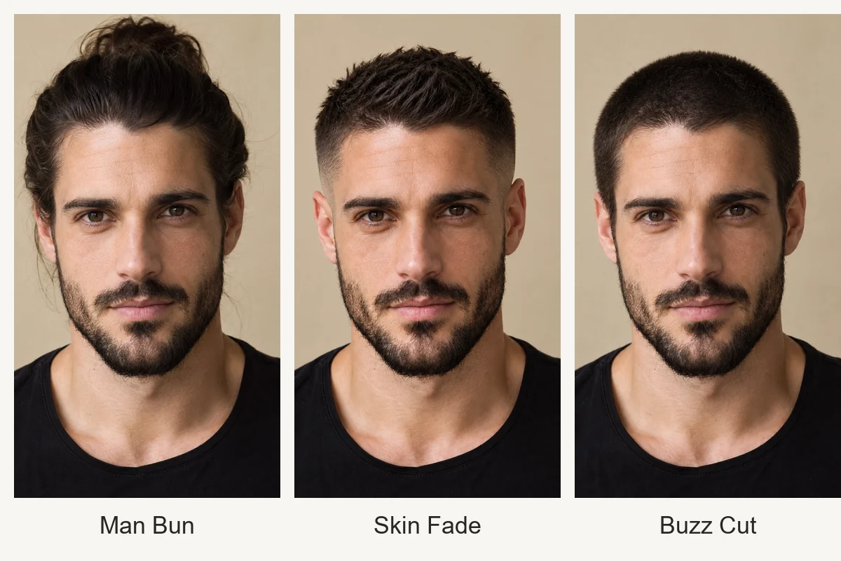A man with a man bun shown again with a skin fade and a buzz cut