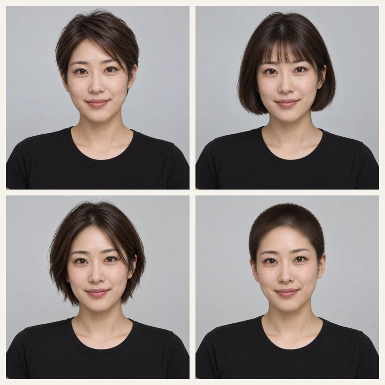 One woman’s photo shown in four short haircuts made with a short hair filter