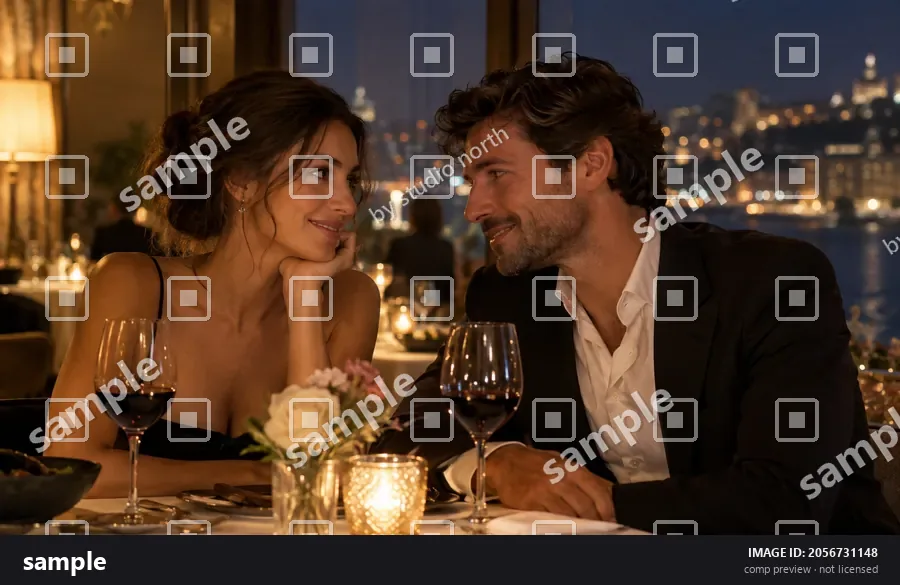 Drag to compare the dinner scene with a watermark pattern over both faces and the clean scene (before)