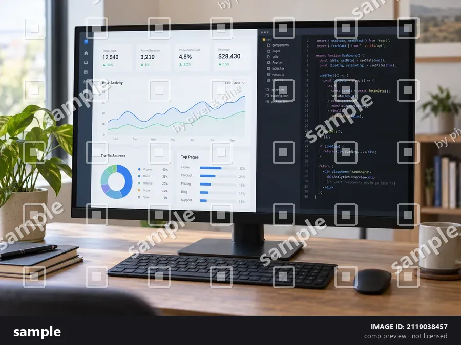 Drag to compare the analytics dashboard comp with a full watermark pattern and the cleaned comp for a wireframe (before)