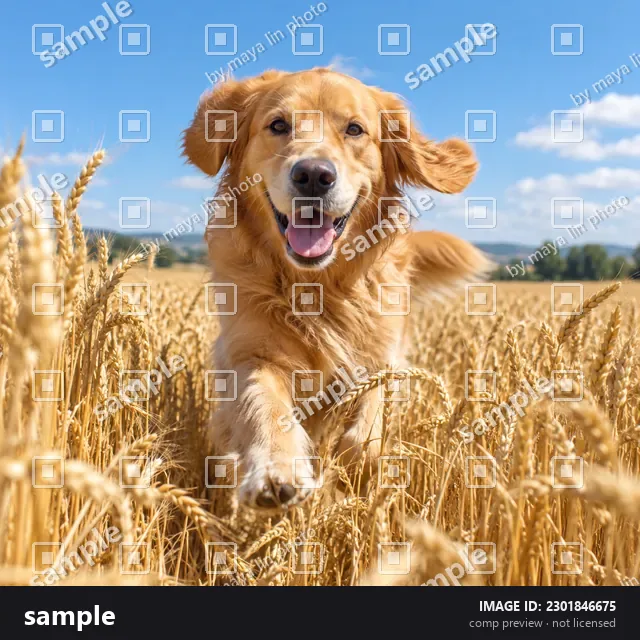 Drag to compare the photographer’s own golden retriever comp with “by” credits in the pattern and the clean photo (before)