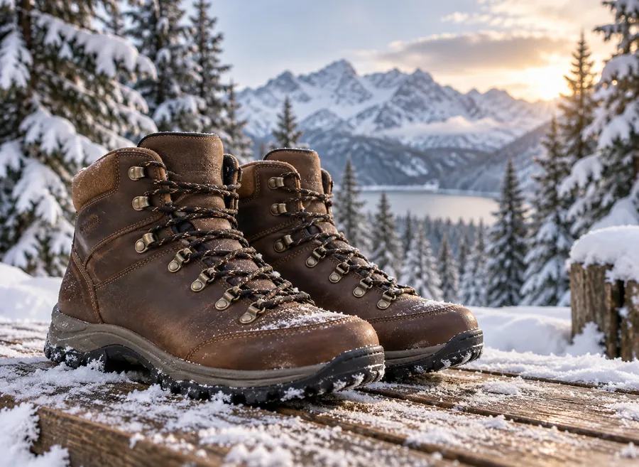 Drag to compare the hiking boots product shot with a dark ID bar at the bottom and the rebuilt full frame (after)