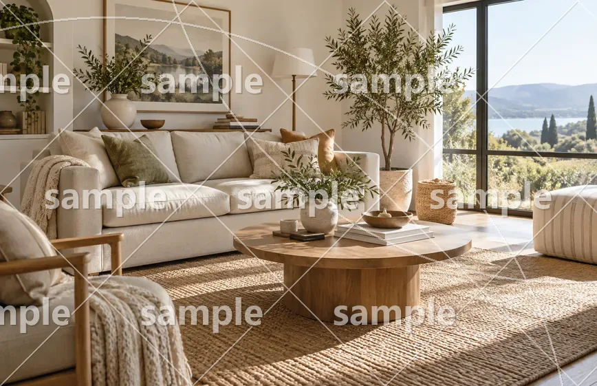 Drag to compare the living room photo under an older line-grid watermark and the cleared photo (before)