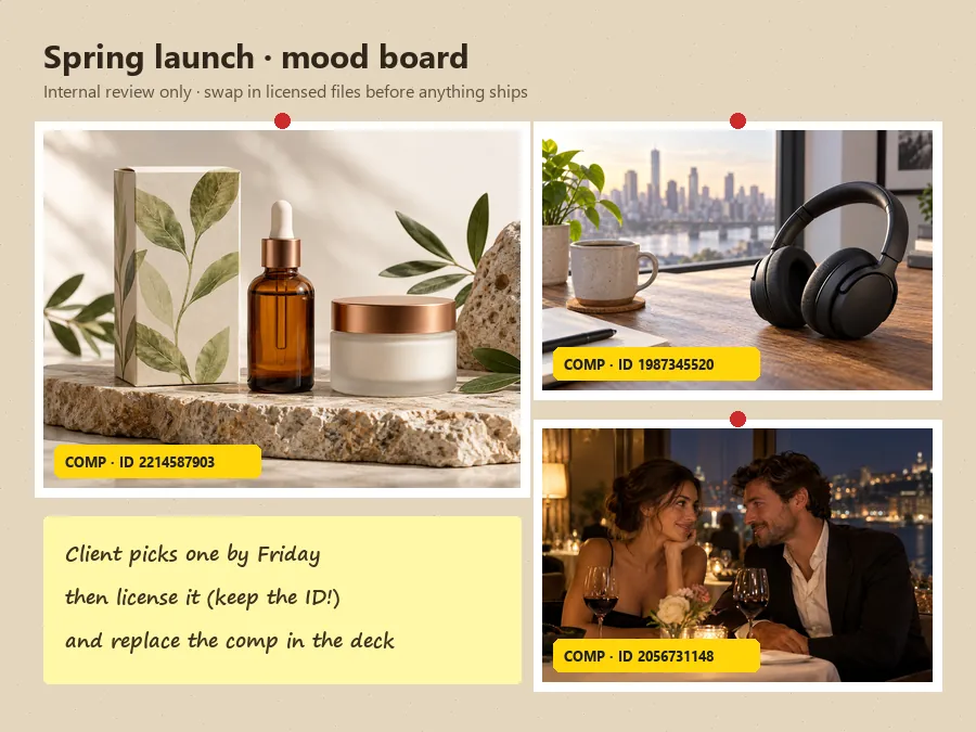 Internal mood board with three cleaned product and lifestyle comps, each tagged with “comp” and its image ID, and a note to license the chosen image