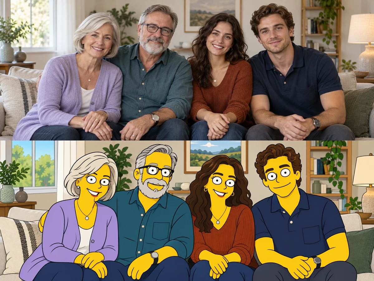 Family of four photo above and the same family as Simpsons-style yellow cartoon characters below