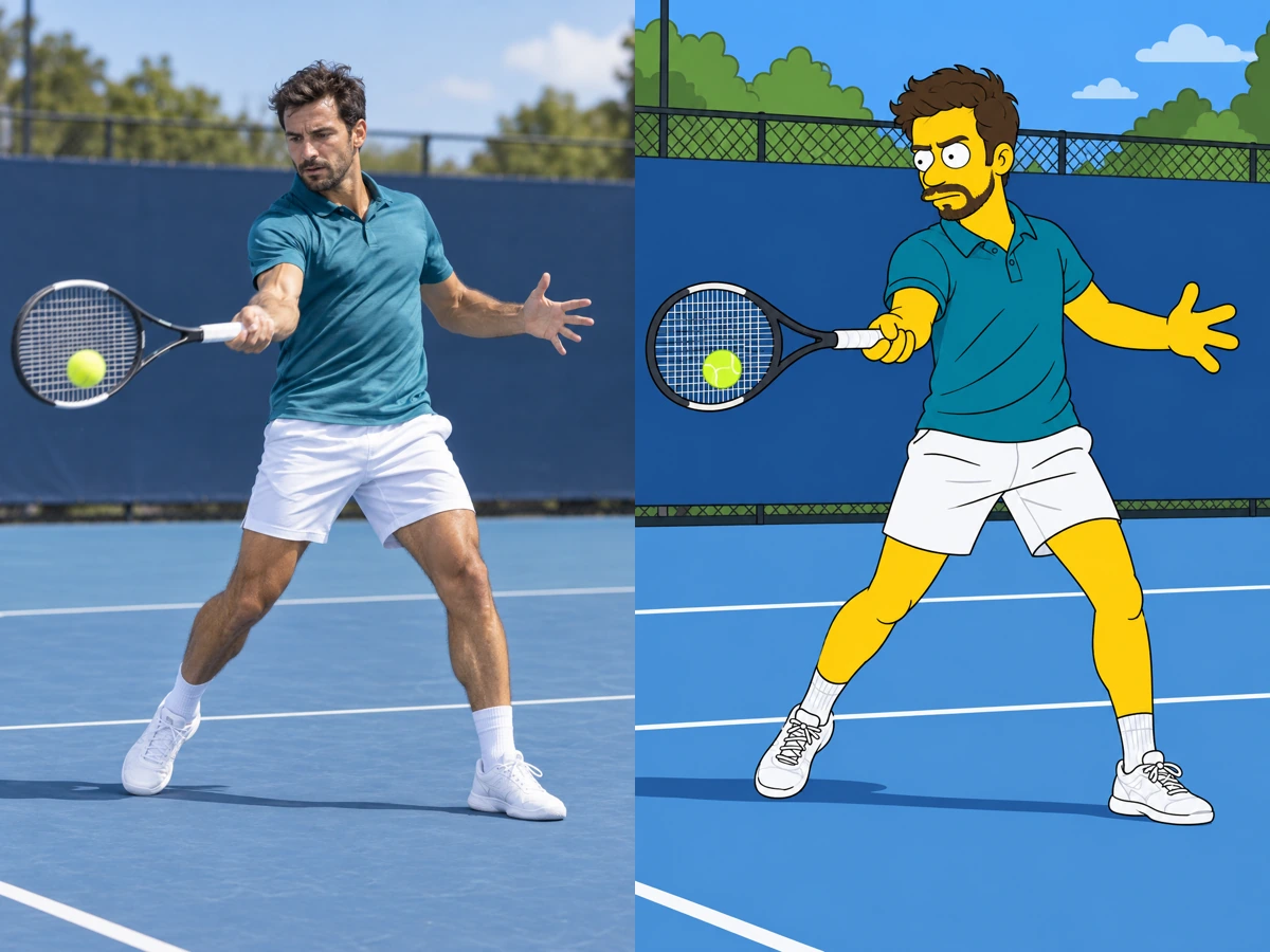 Tennis player photo blending into the same man as a yellow-skinned Simpsons-style cartoon