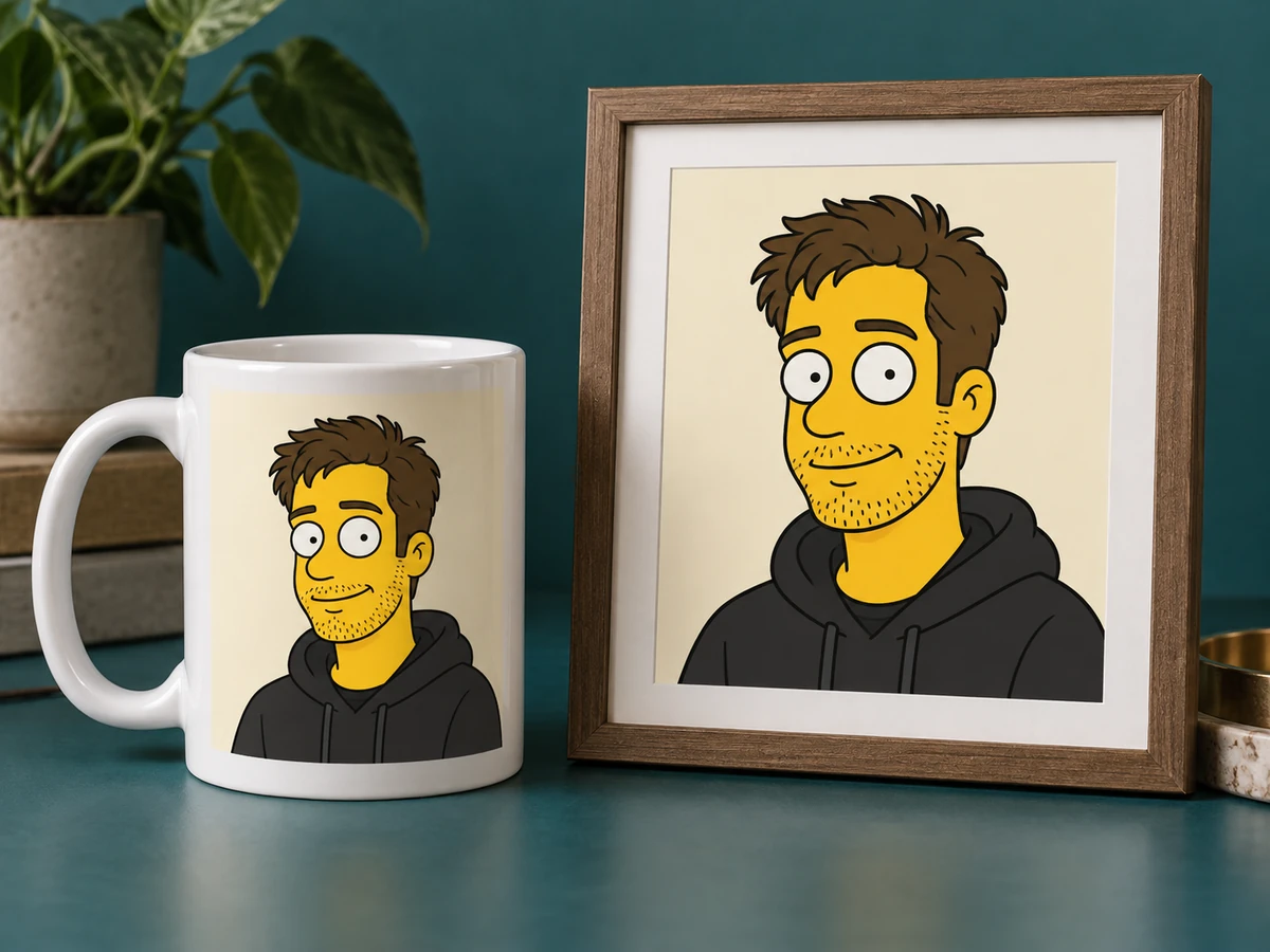A white mug and a framed print with the same yellow cartoon portrait of a man in a hoodie
