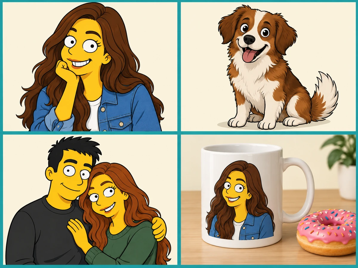 Collage of yellow cartoon portraits: a woman in a denim jacket, a dog, a couple, and a mug with a donut