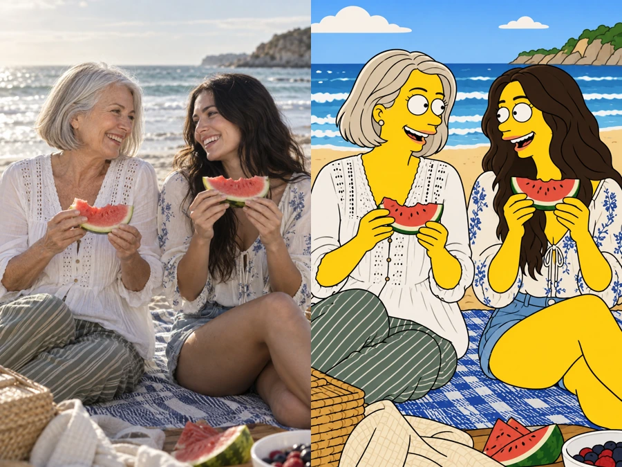 Beach picnic photo of a grandmother and child redrawn as yellow cartoon characters
