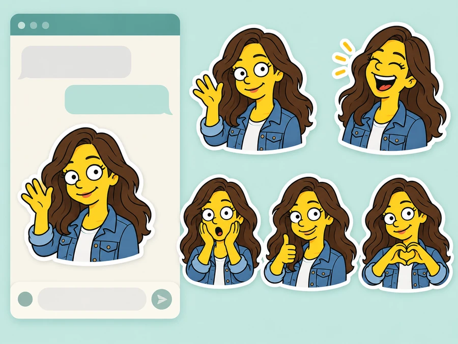 Chat screen with a waving yellow cartoon woman and a column of sticker expressions