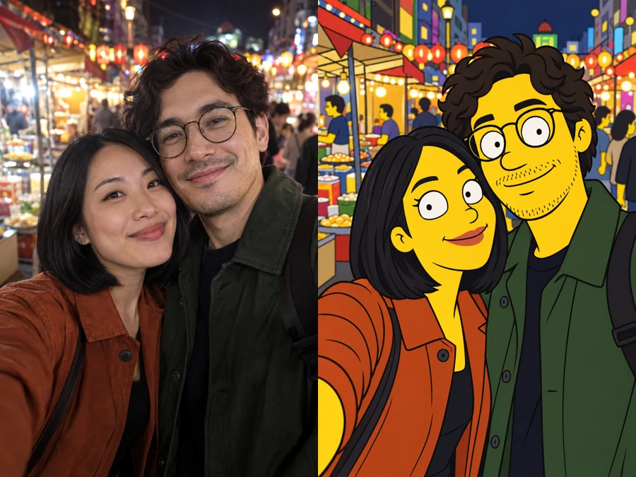 Couple selfie at a neon night market turned into a Simpsons-style cartoon