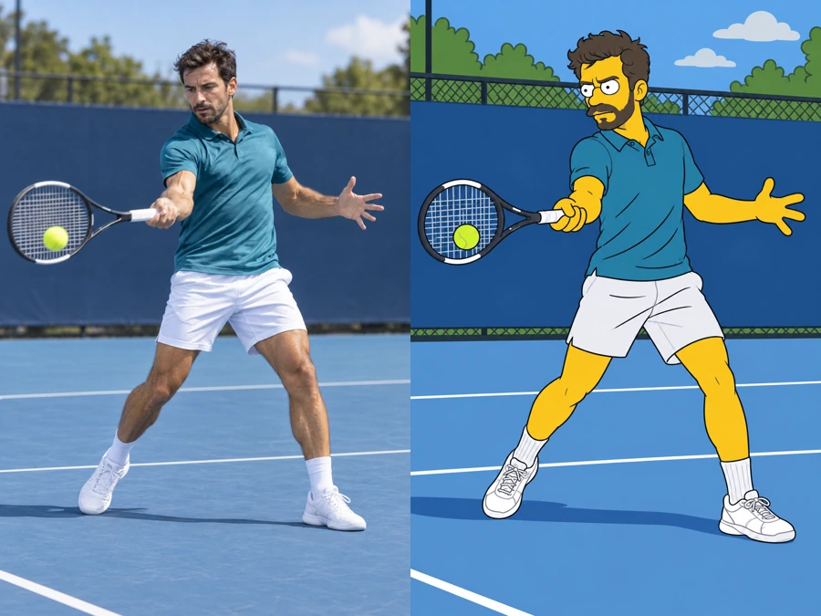 Tennis player mid-swing photo next to his Simpsons-style yellow cartoon version